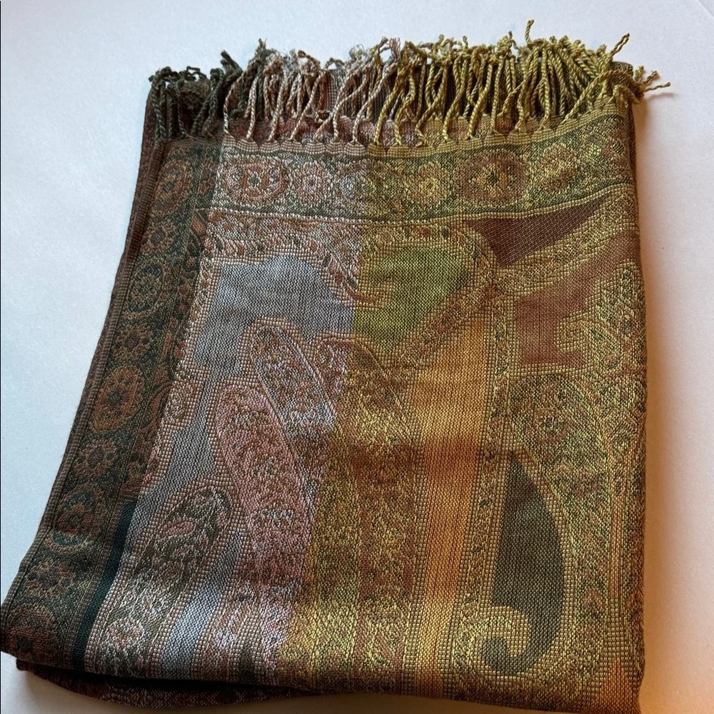 Scarf wrap Womens 21X70’ Fringe Floral Bohemian Gold brown pink green luxury
